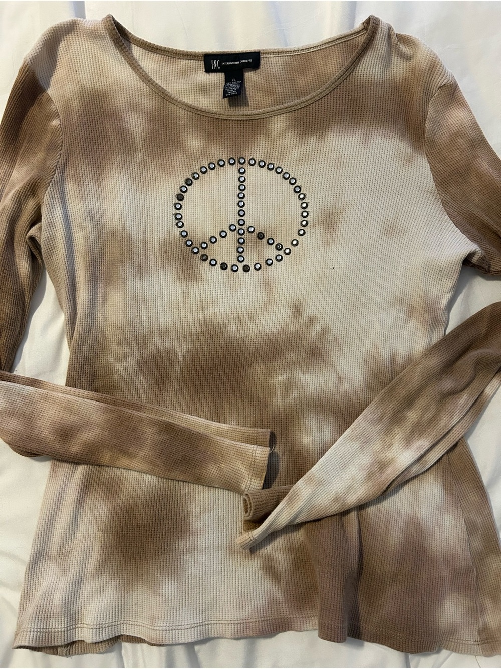 INC International Concepts Women's Taupe Tie-Dye Peace Sign Long Sleeve Top